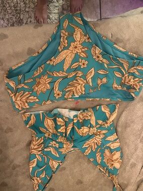 Time and Tru Teal and Tan Floral Bikini Set